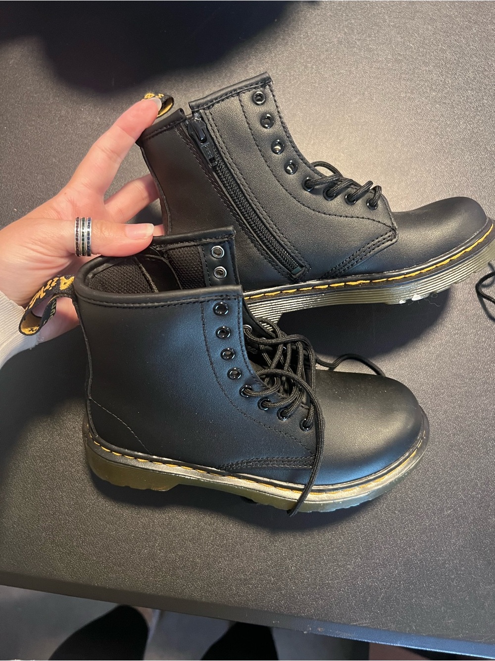 Dr. Martens Kids Black Leather Lace-Up Combat Boots with Yellow Stitching